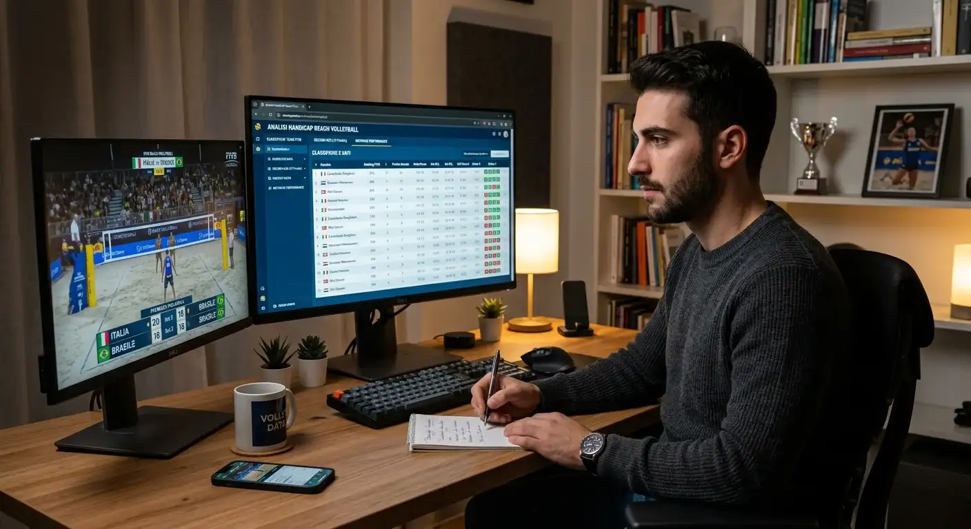 Persona che analizza dati sportivi su un monitor con classifiche di beach volley