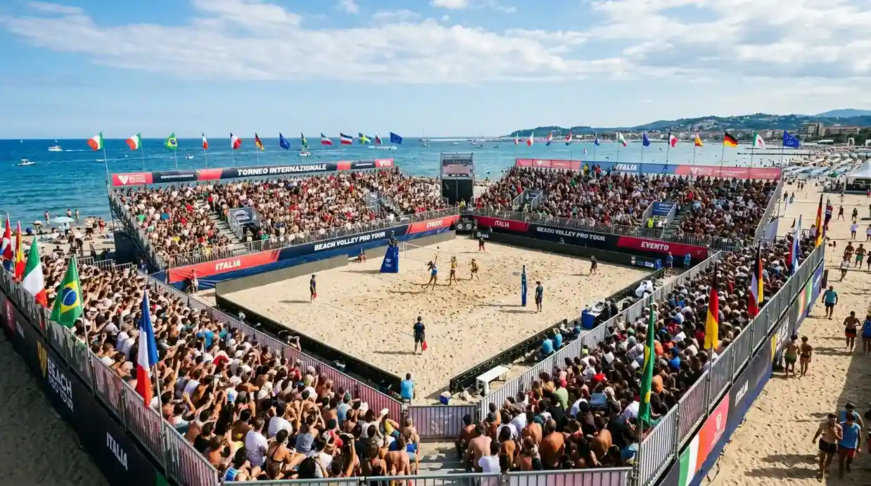Pubblico durante un evento del Beach Pro Tour con tribune piene