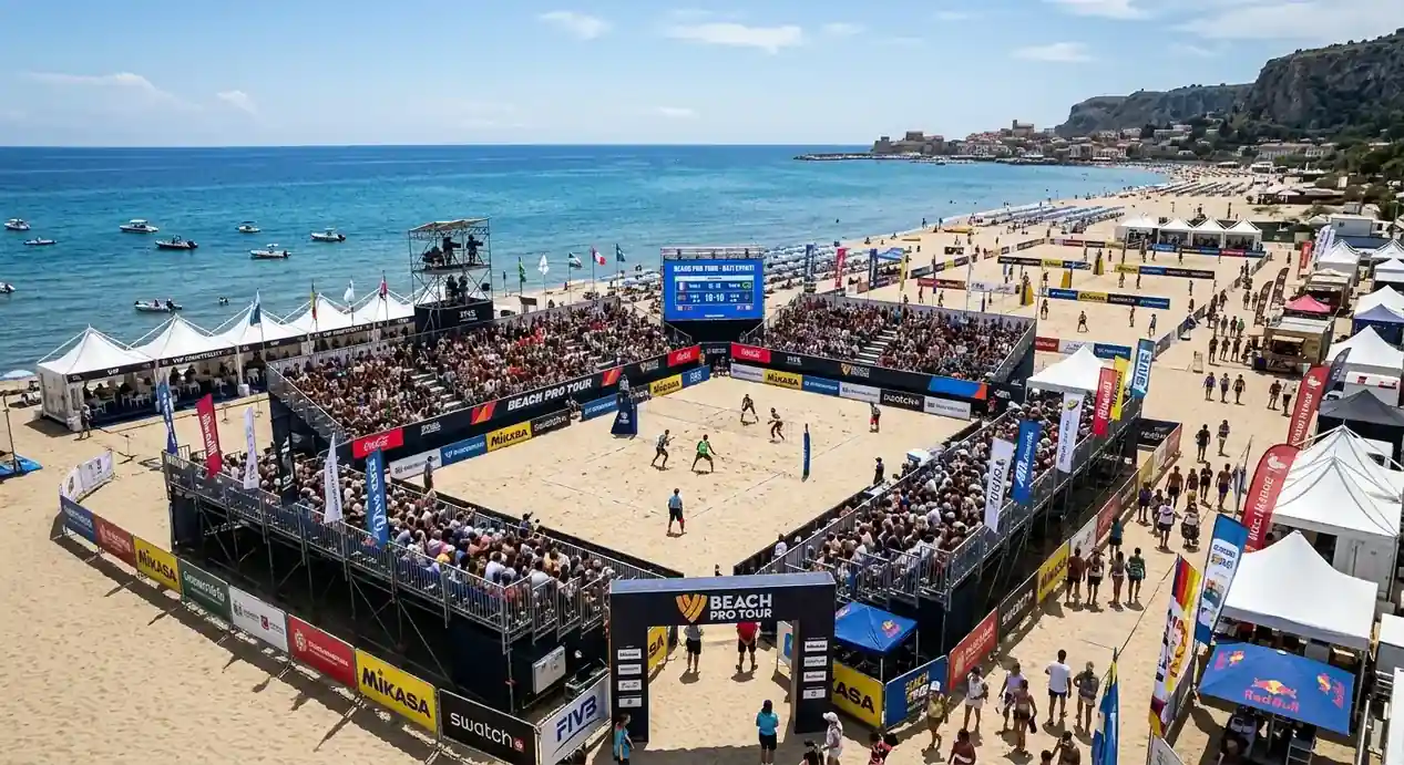Panoramica di un evento Beach Pro Tour con pubblico e strutture temporanee sulla spiaggia