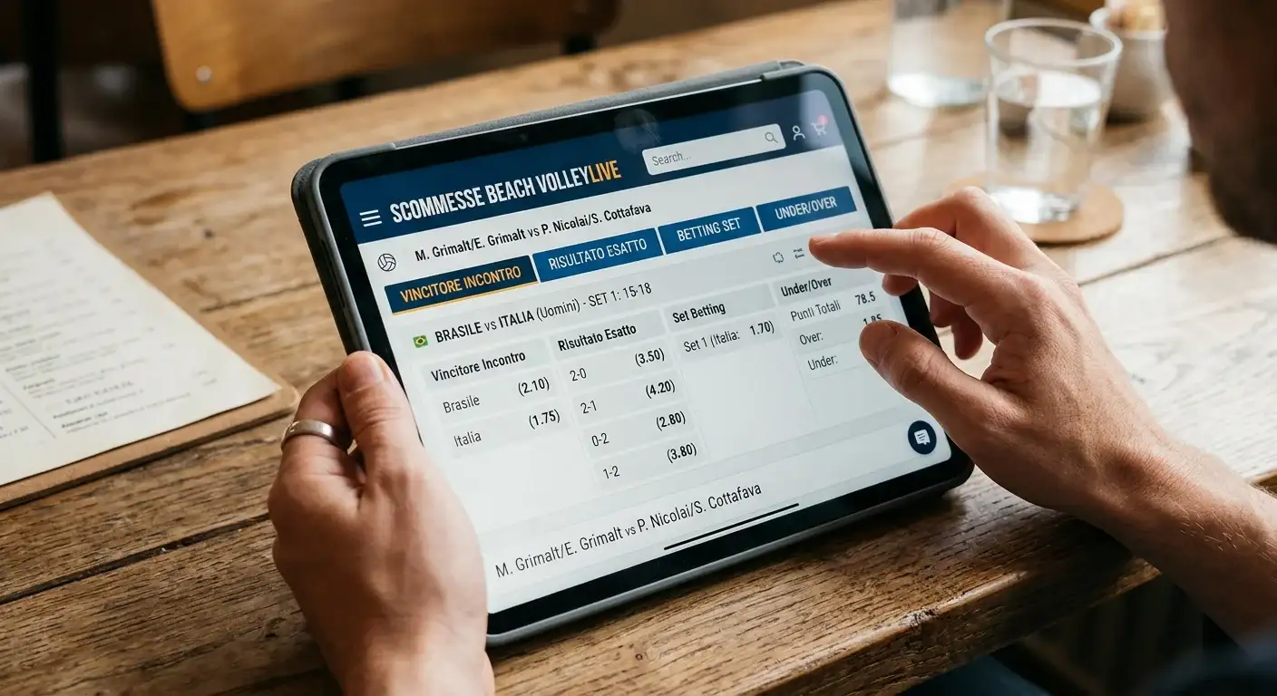 Persona che studia quote su tablet con più mercati di scommesse beach volley aperti