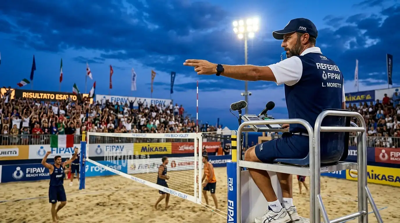 Arbitro di beach volley su seggiolone che indica il punteggio con gesto della mano