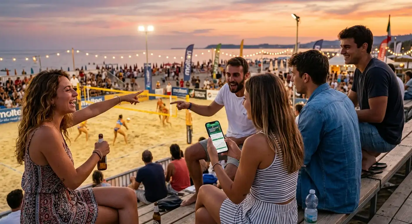 Gruppo di amici che guardano una partita di beach volley dalla tribuna di un evento estivo