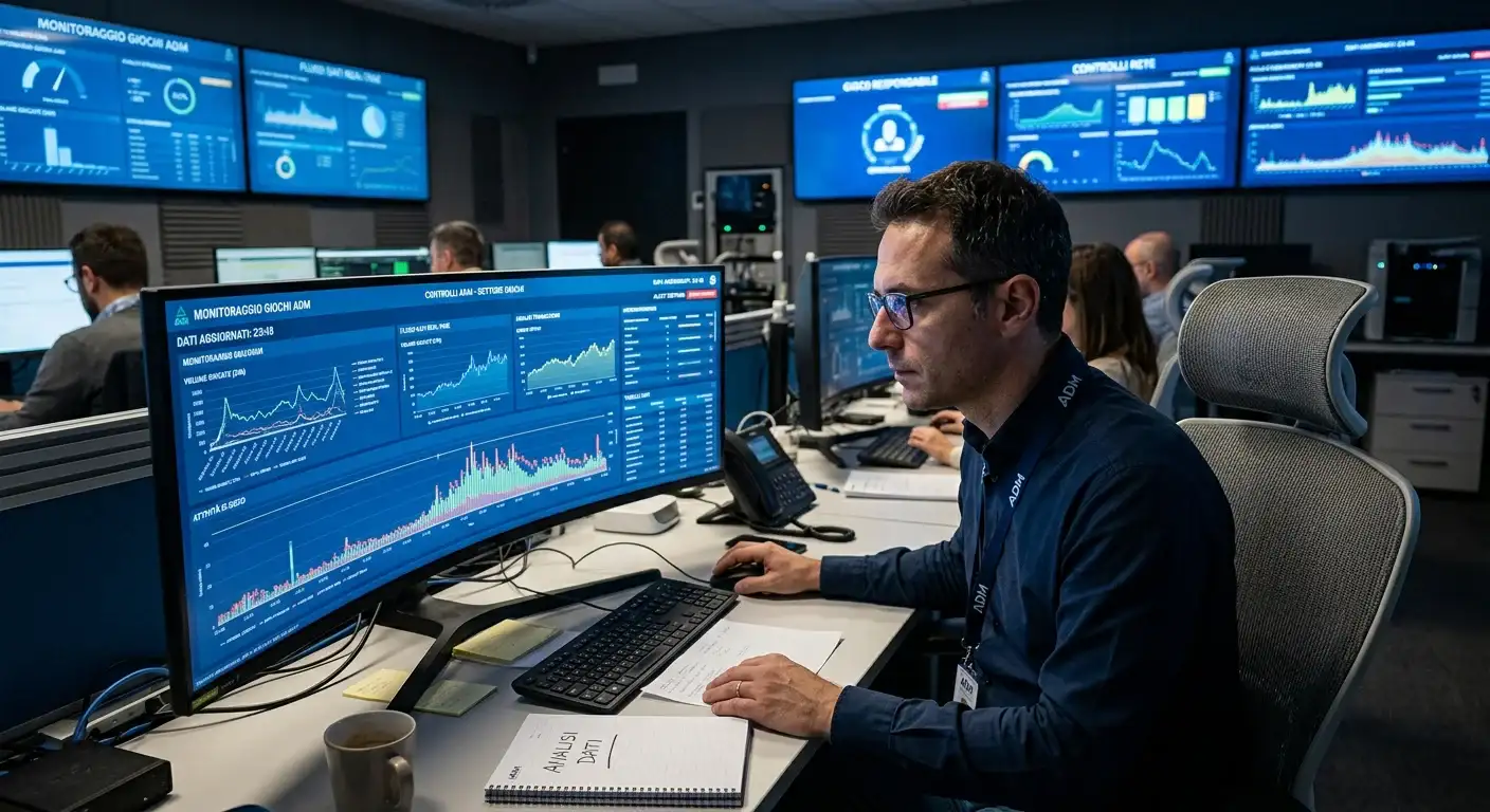 Analista che esamina dati di monitoraggio su schermo in un ufficio di controllo