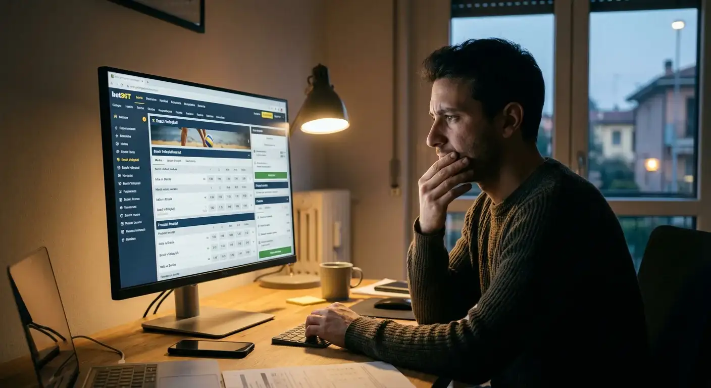 Persona pensierosa davanti al computer con schermata di scommesse sportive aperta