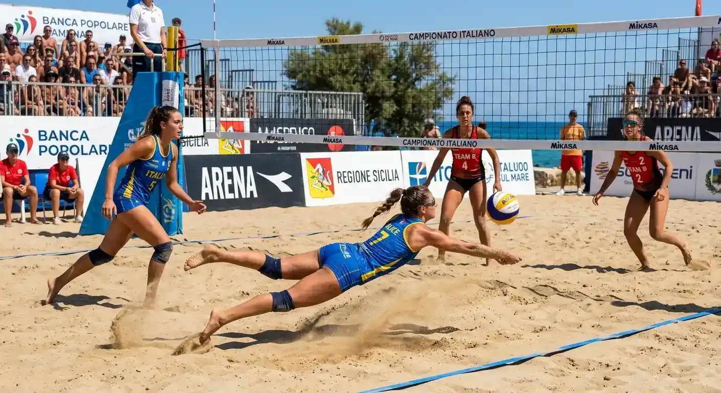 Due squadre di beach volley durante uno scambio intenso con sabbia in primo piano