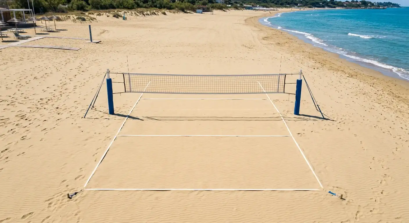 Campo da beach volley visto dall'alto con linee di gioco e rete ben visibili