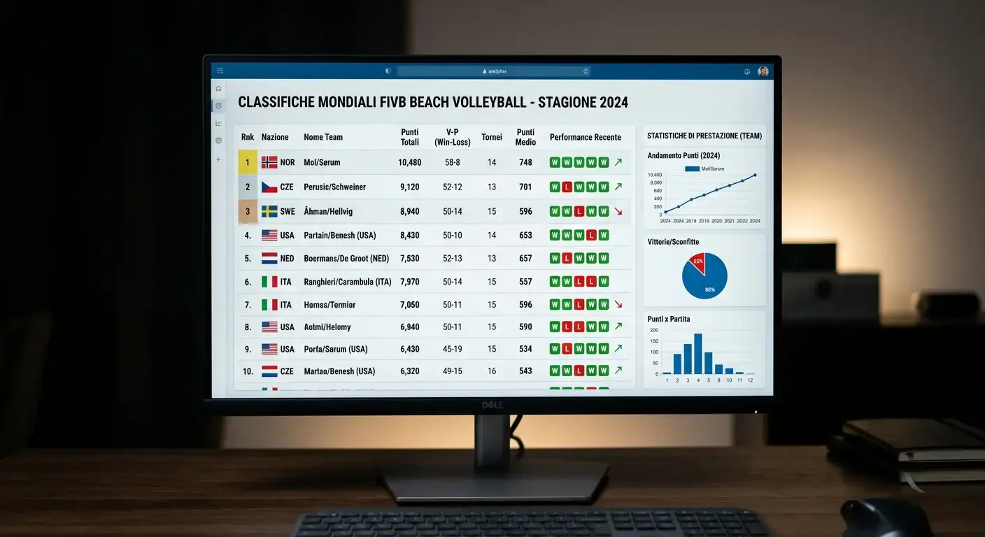 Schermo con classifiche FIVB e statistiche dettagliate delle coppie di beach volley