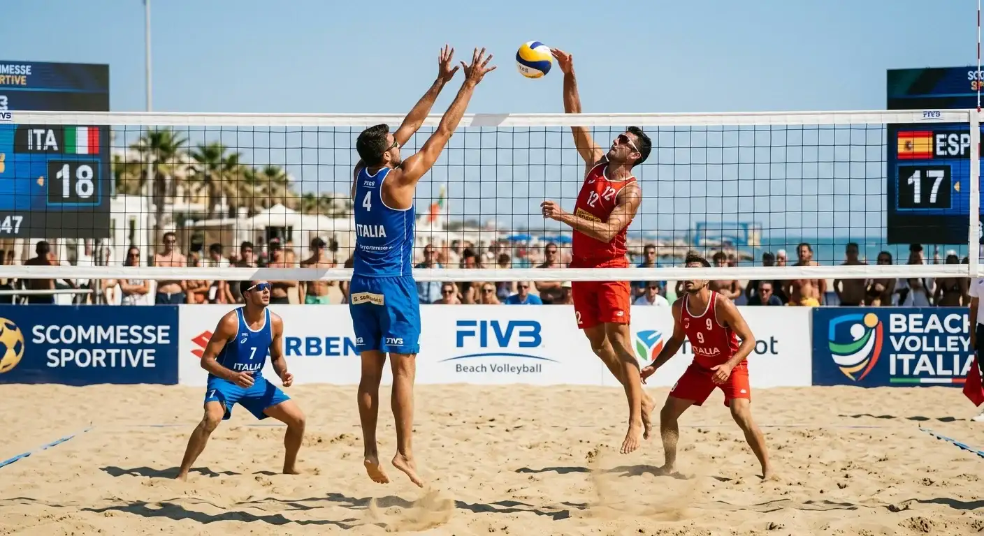 Due coppie di beach volley schierate a rete durante un match competitivo sulla sabbia