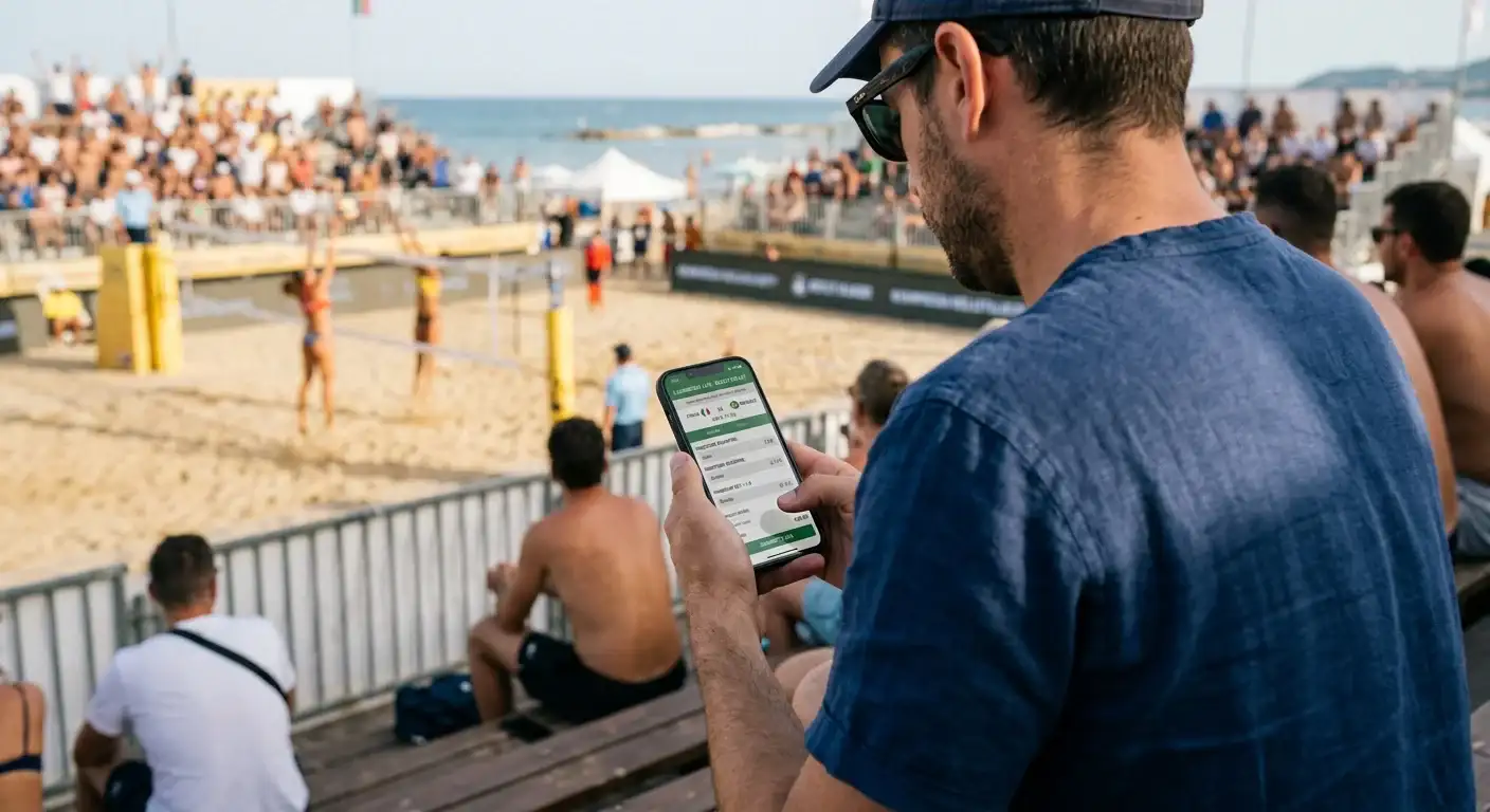 Spettatore che consulta il telefono durante un match di beach volley in uno stadio outdoor