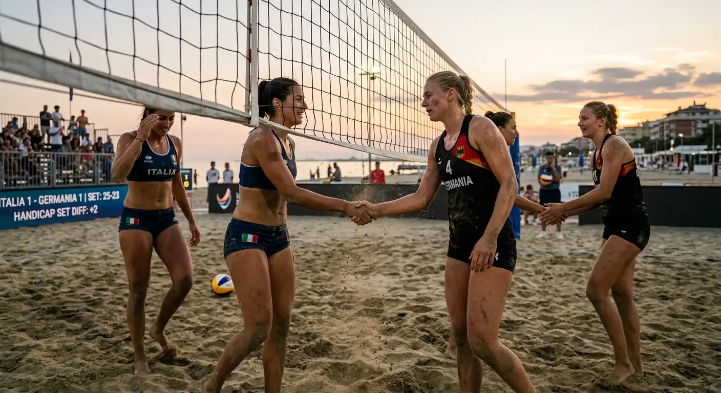 Giocatori di beach volley che si stringono la mano a rete dopo un set combattuto