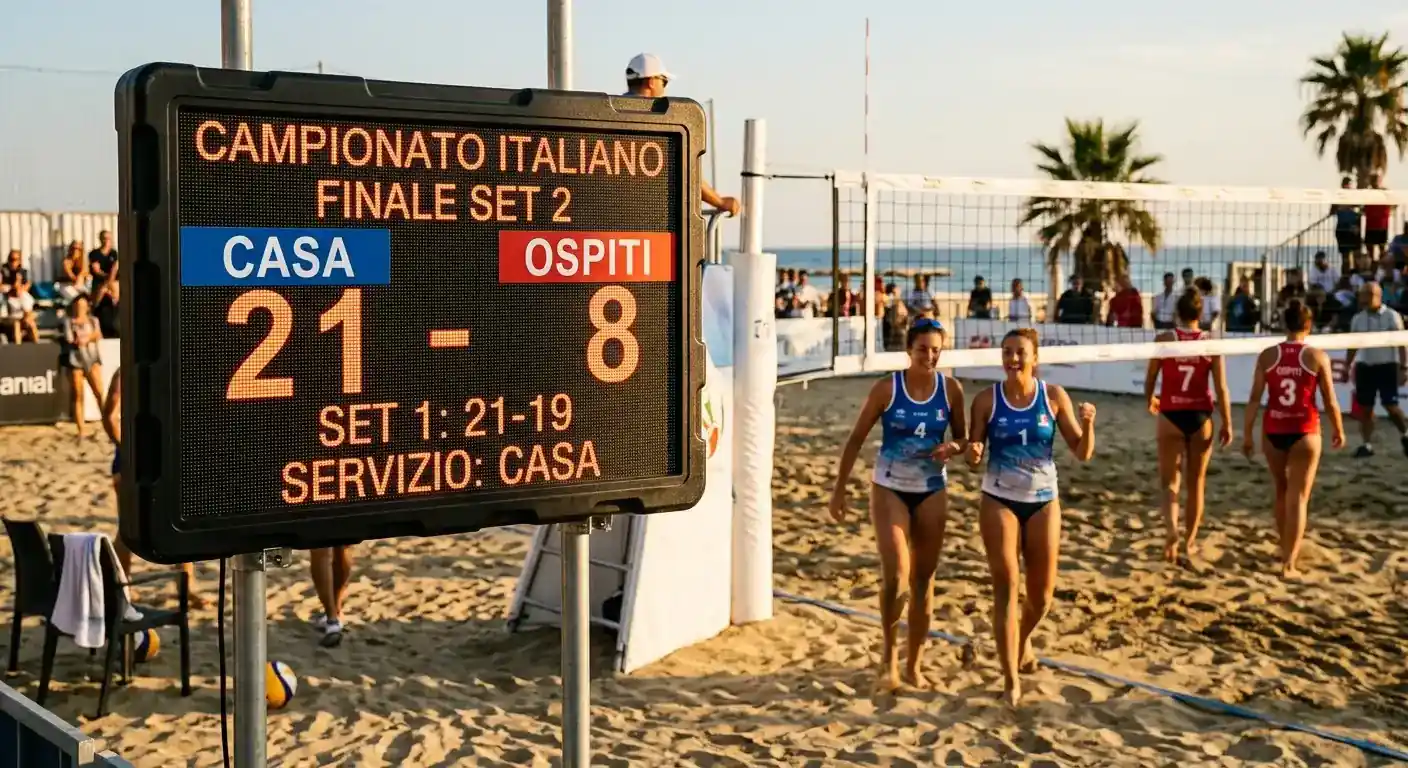 Tabellone segnapunti di beach volley con differenza punti evidenziata tra le due squadre