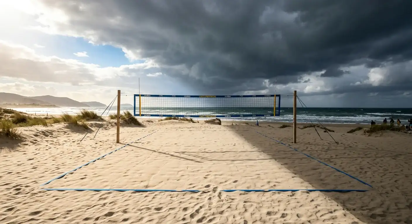 Campo da beach volley con condizioni meteo variabili e nuvole che si addensano