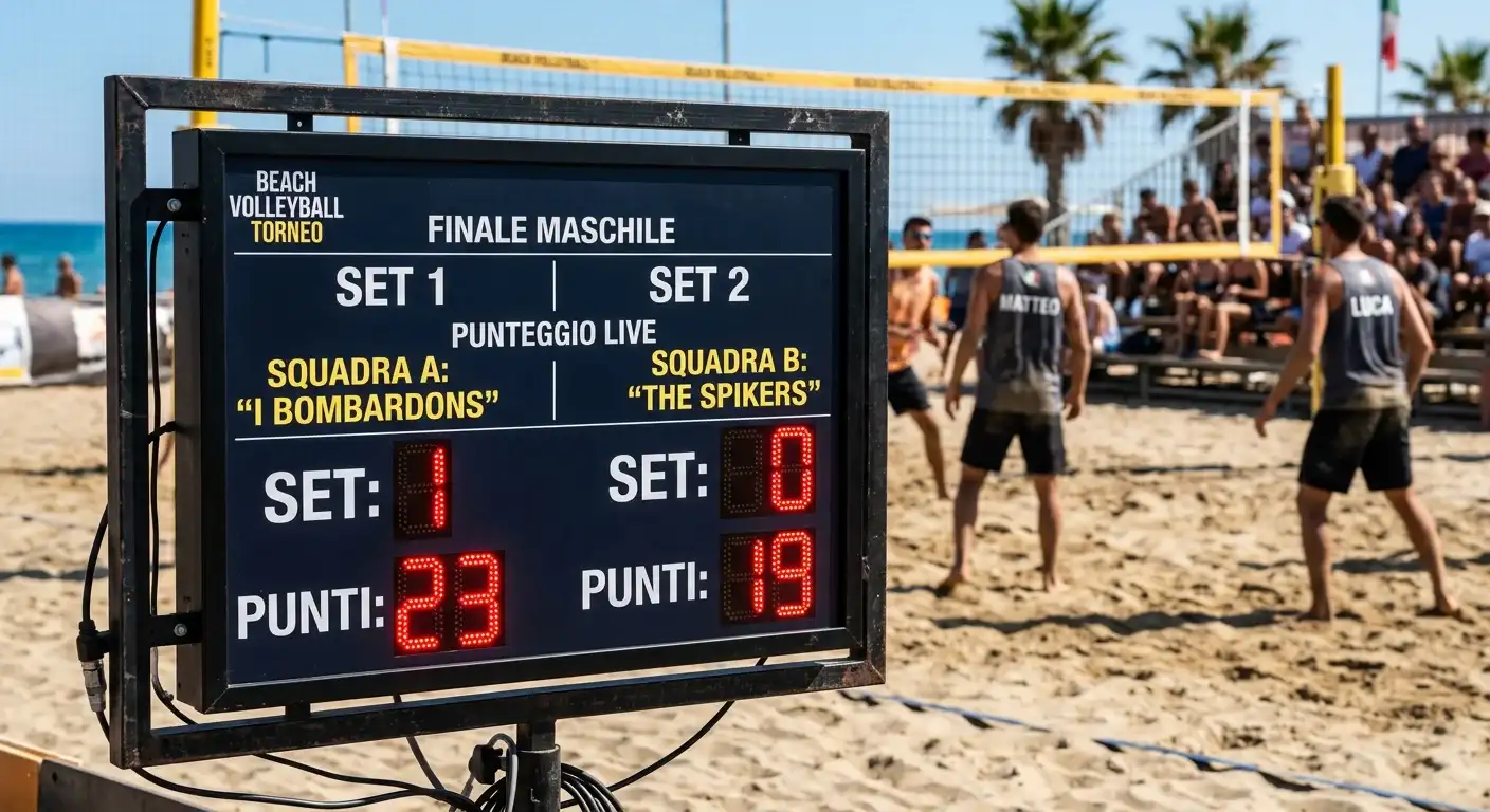Tabellone segnapunti elettronico durante un match di beach volley con punteggio visibile