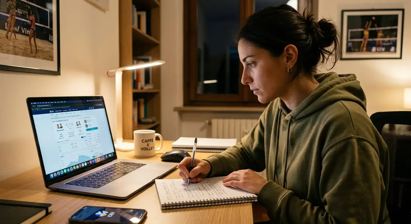 Persona che prende appunti davanti a un laptop con dati di performance di beach volley