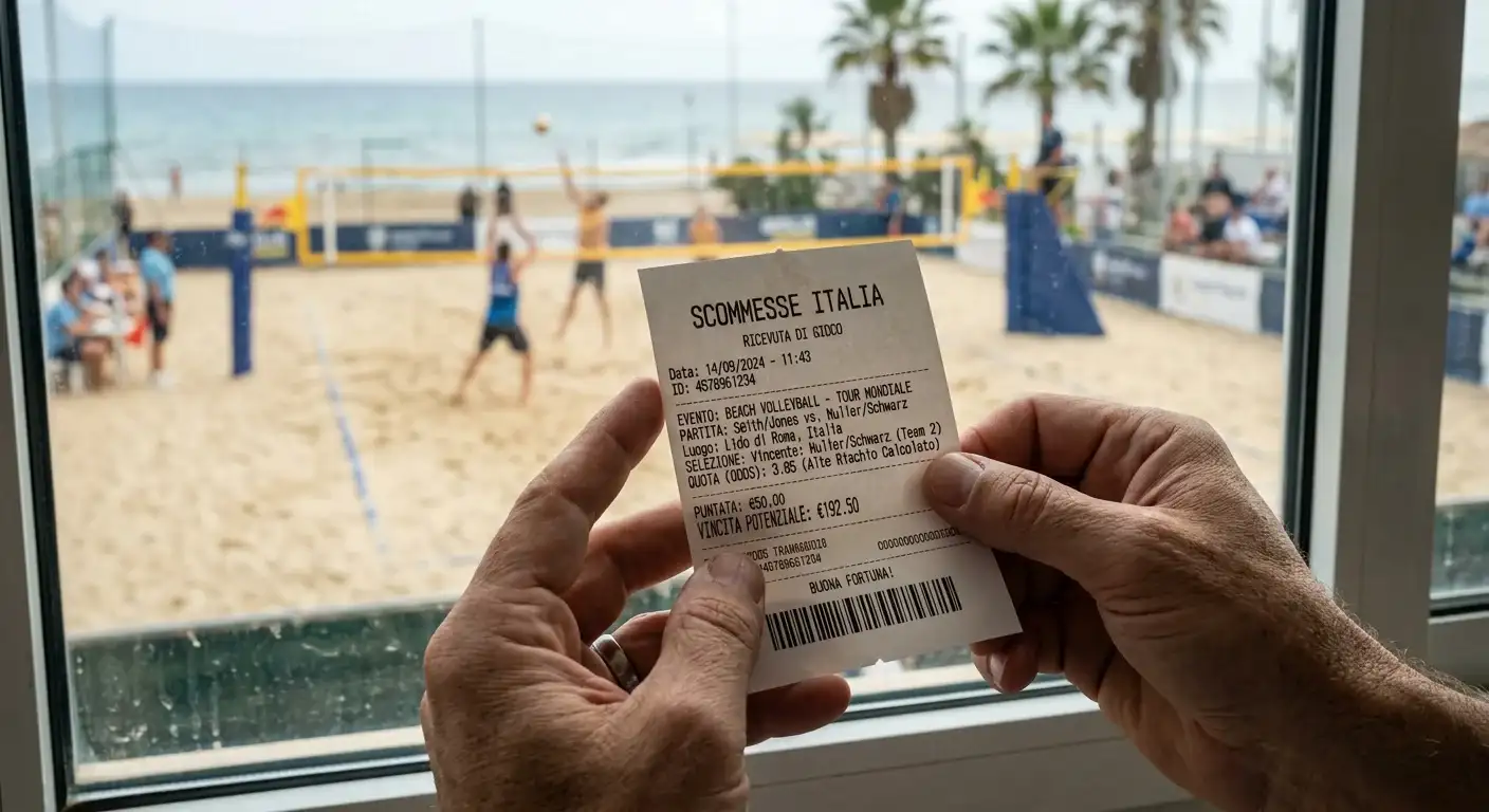 Primo piano di mani che tengono un biglietto di scommessa con sfondo di campo da beach volley