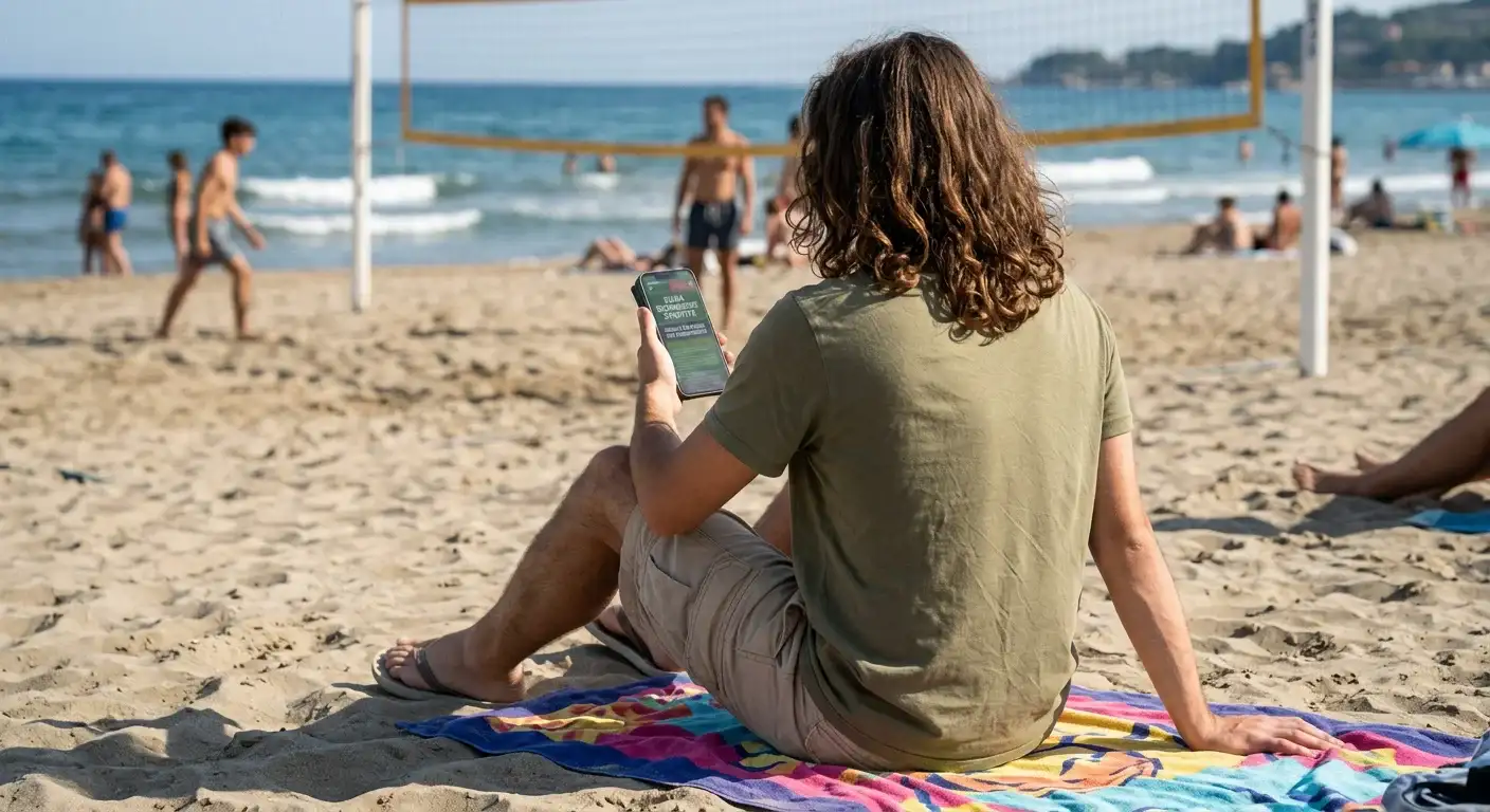 Principiante che consulta una guida di scommesse sportive su smartphone in spiaggia