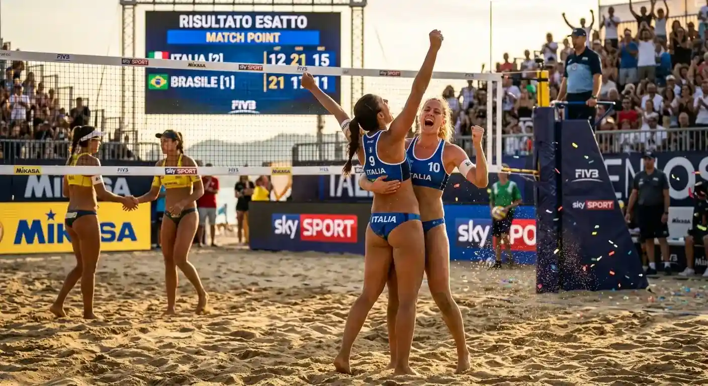 Momento finale di un match di beach volley con giocatori che esultano dopo la vittoria