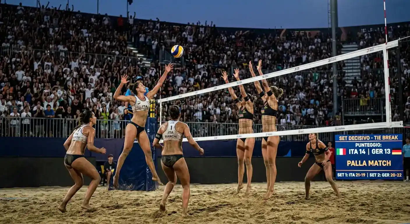 Giocatori di beach volley impegnati in un tie-break intenso con pubblico in piedi sulle tribune