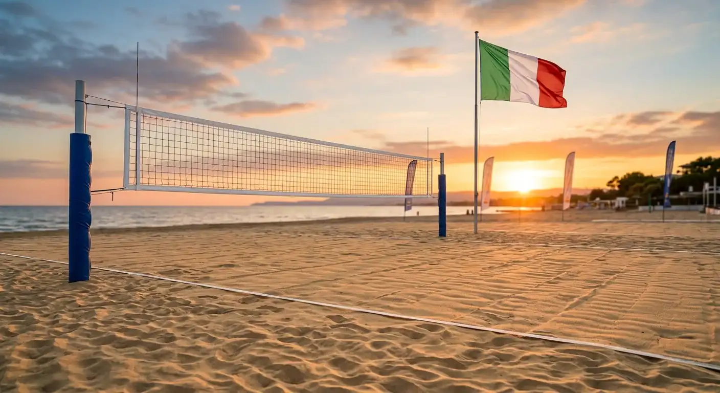 Campo da beach volley con bandiera italiana e simbolo normativo ADM sullo sfondo