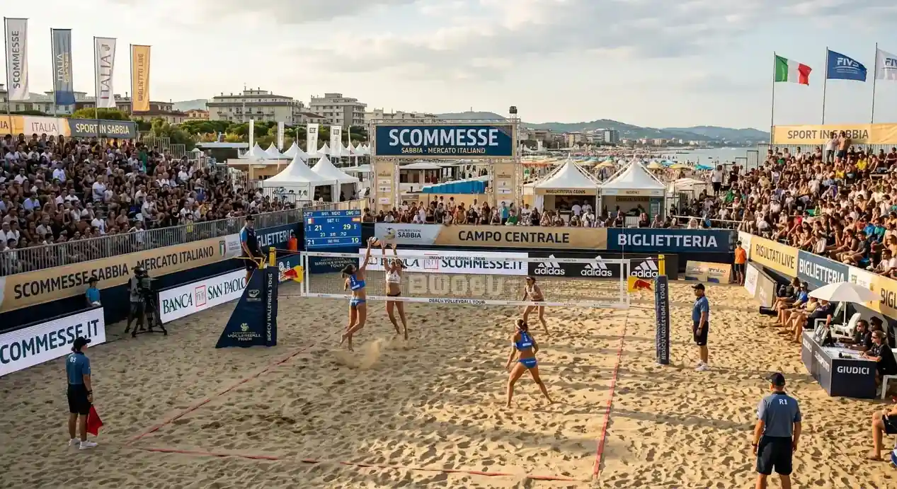 Partita di beach volley su sabbia con pubblico e strutture per eventi sportivi professionali