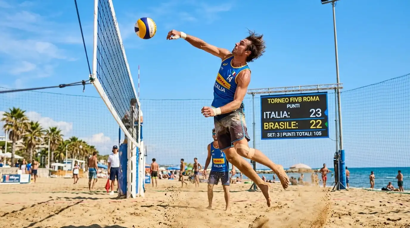Giocatore di beach volley in azione durante una schiacciata con tabellone punti sullo sfondo