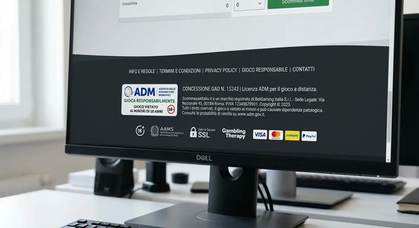 Footer di un sito di scommesse con numero di concessione ADM ben visibile